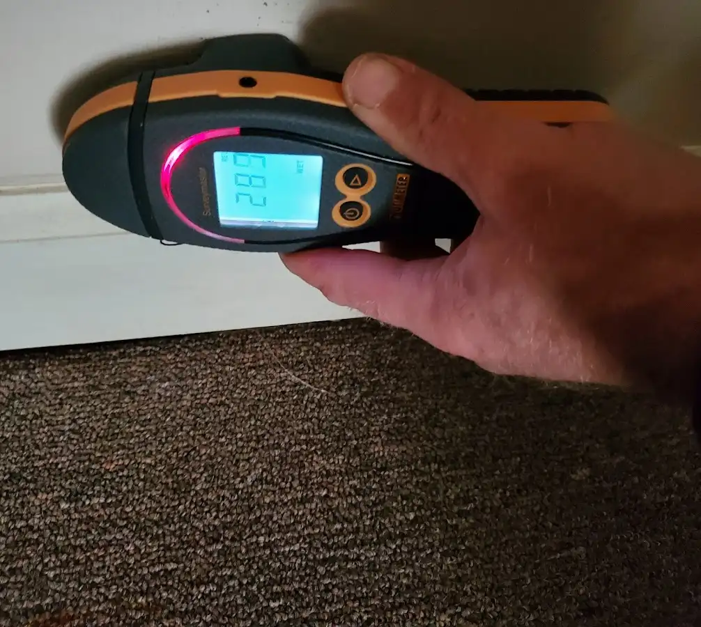 Moisture detection at baseboard during Storm Damage Restoration in Bloomington